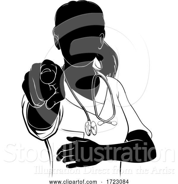 Vector Illustration of Lady Doctor or Nurse Scrubs Pointing Silhouette