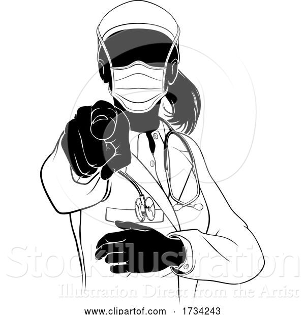 Vector Illustration of Lady Doctor PPE Mask Pointing Need You Silhouette