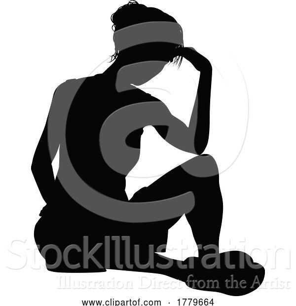 Vector Illustration of Lady Sitting on Floor Thinking Silhouette