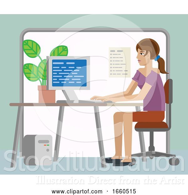 Vector Illustration of Lady Working at Desk in Office
