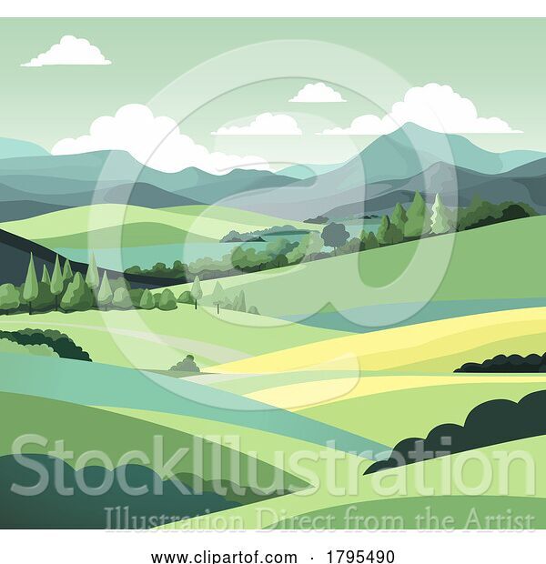 Vector Illustration of Landscape Background Hills Mountains Fields Trees