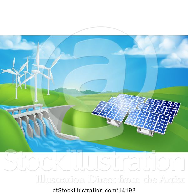 Vector Illustration of Landscape of Renewable Energy Plants with a Dam, Solar Panels, and Wind Turbines