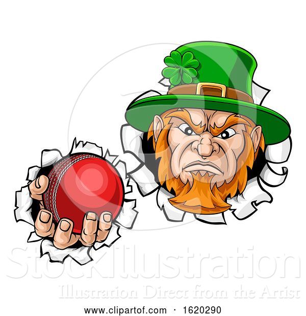 Vector Illustration of Leprechaun Cricket Mascot Ripping Background