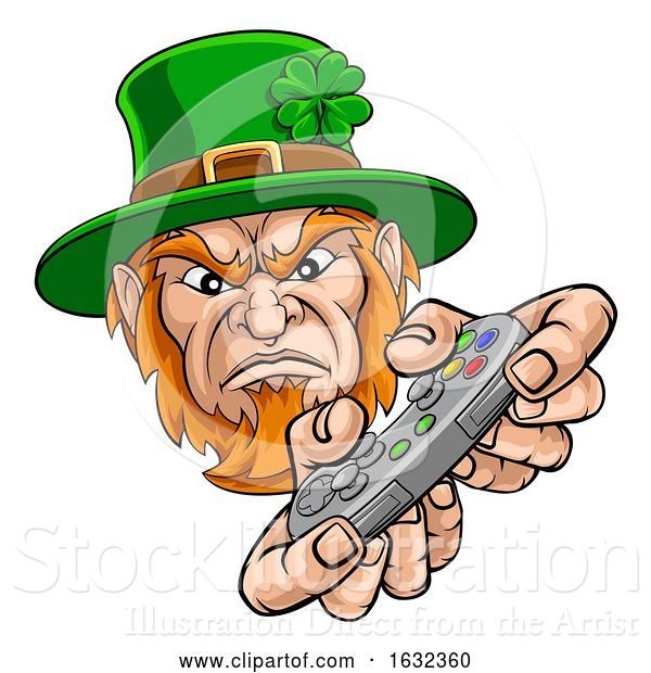 Vector Illustration of Leprechaun Gamer Mascot and Video Games Controller