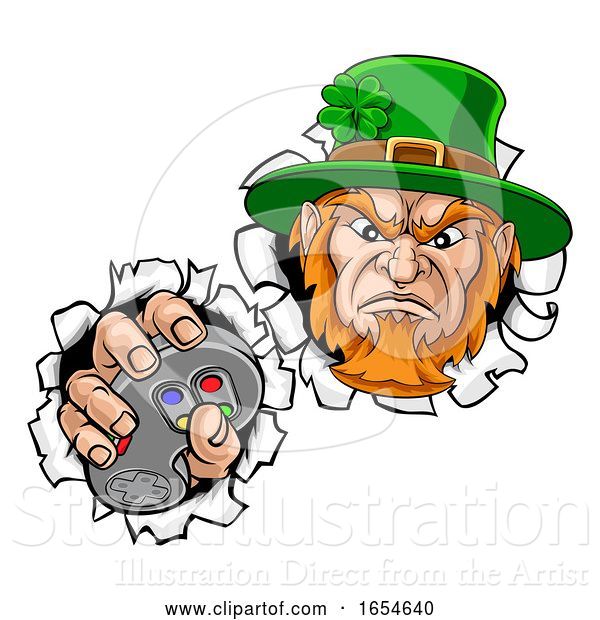 Vector Illustration of Leprechaun Gamer Mascot and Video Games Controller