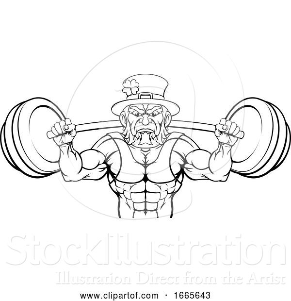 Vector Illustration of Leprechaun Mascot Weightlifter Lifting Big Barbell