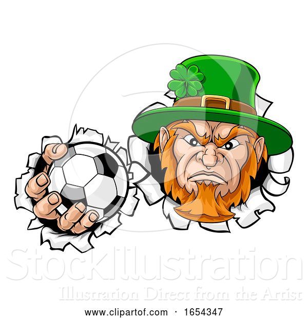 Vector Illustration of Leprechaun Soccer Mascot Ripping Background