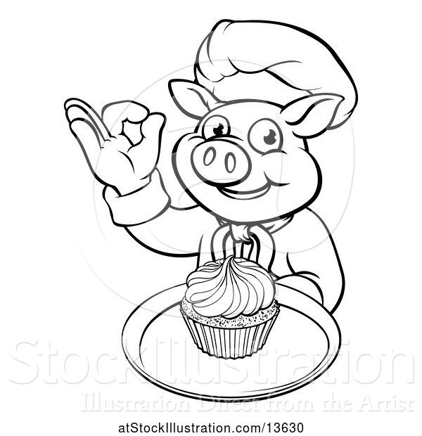 Vector Illustration of Lineart Chef Pig Holding a Cupcake on a Tray and Gesturing Okay