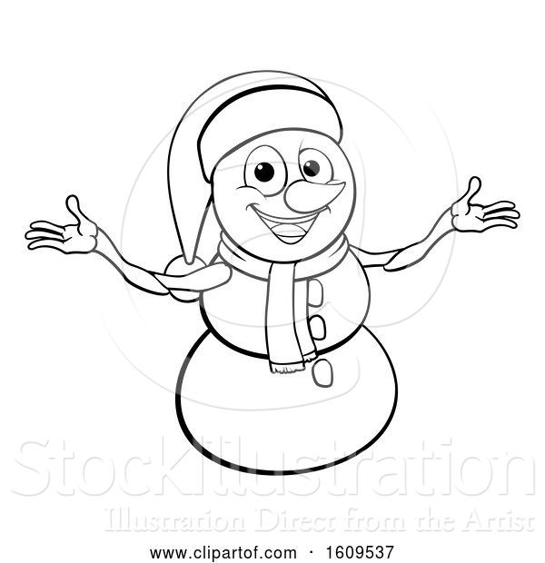 Vector Illustration of Lineart Christmas Snowman Wearing a Scarf and a Santa Hat