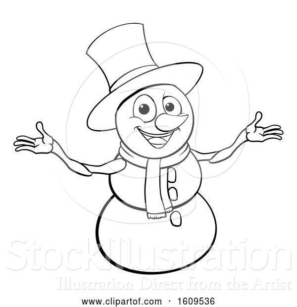 Vector Illustration of Lineart Christmas Snowman Wearing a Scarf and a Top Hat