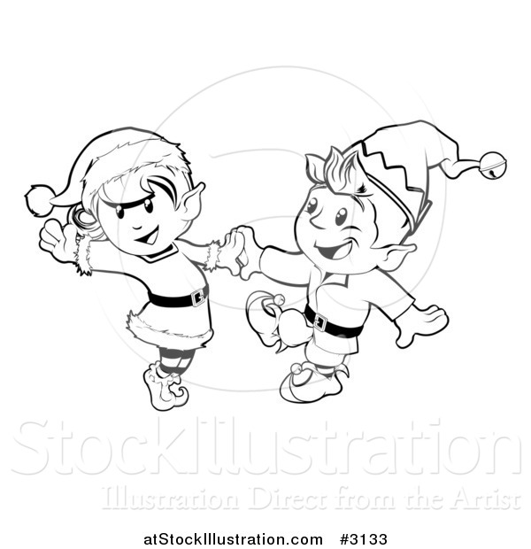 Vector Illustration of Lineart Happy Christmas Elves Dancing Together
