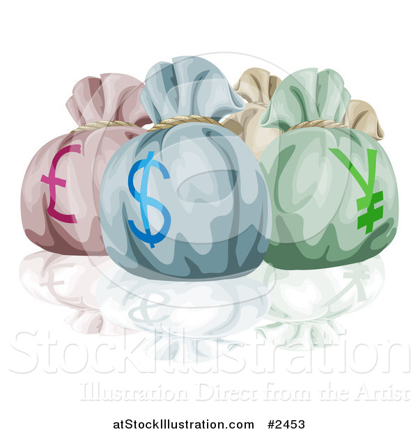 Vector Illustration of Lira Dollar and Yen Money Bags and a Reflection