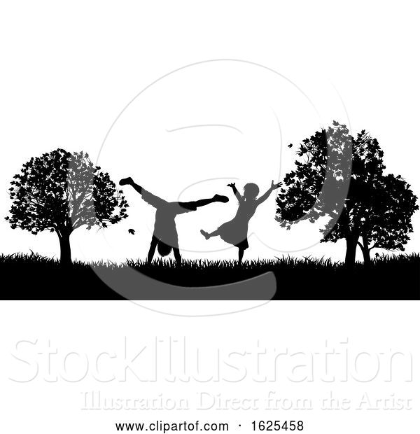 Vector Illustration of Little Children Playing in Park Outdoors Silhouette