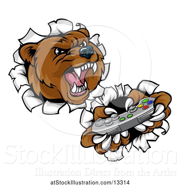 Vector Illustration of Mad Cartoon Grizzly Bear Mascot Holding a Video Game Controller and Breaking Through a Wall