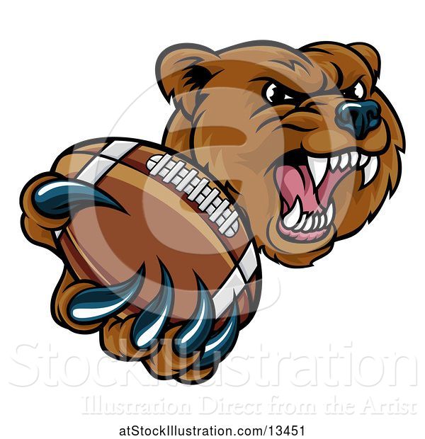 Vector Illustration of Mad Cartoon Grizzly Bear Mascot Holding out a Football in a Clawed Paw