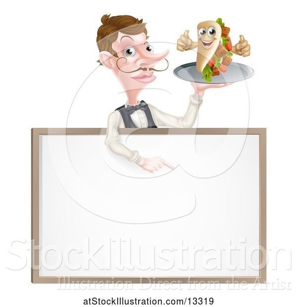 Vector Illustration of Male Waiter Holding a Kebab Sandwich Character on a Tray, Pointing down over a Blank Sign