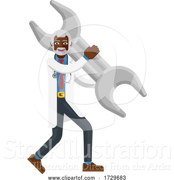 Vector Illustration of Mature Black Doctor Guy Holding Spanner Wrench