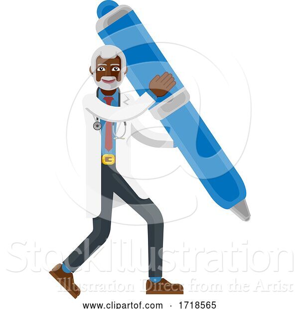 Vector Illustration of Mature Black Doctor Guy Mascot Holding Pen Concept