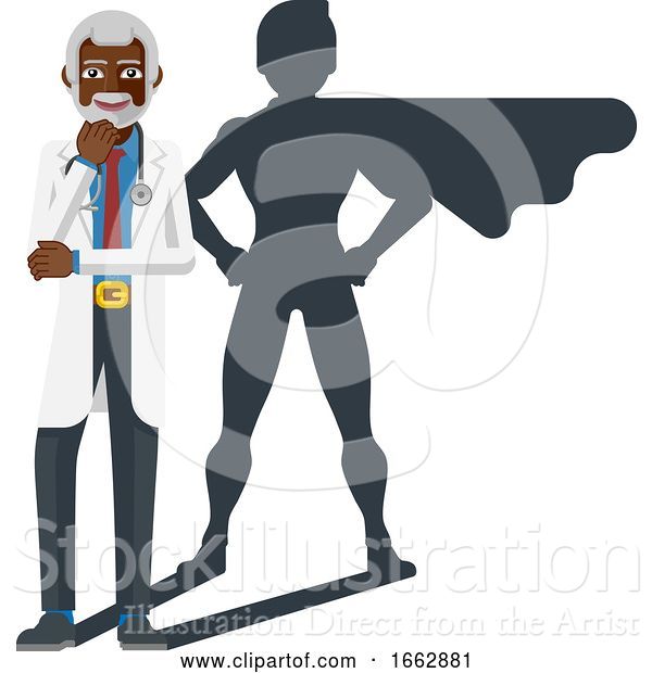 Vector Illustration of Mature Black Medical Doctor Super Hero Shadow