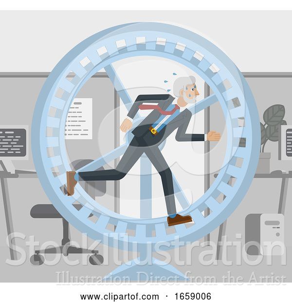 Vector Illustration of Mature Businessman Hamster Wheel Stress Running