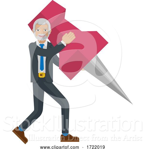 Vector Illustration of Mature Businessman Holding Thumb Tack Pin Mascot