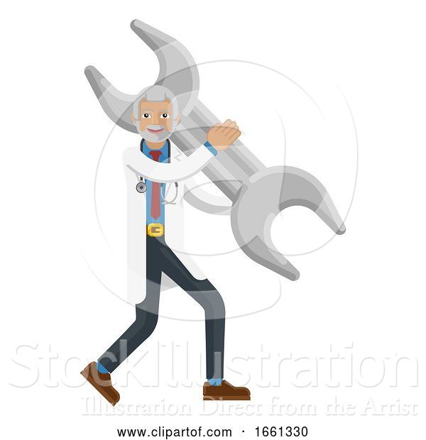 Vector Illustration of Mature Doctor Guy Holding Spanner Wrench Concept