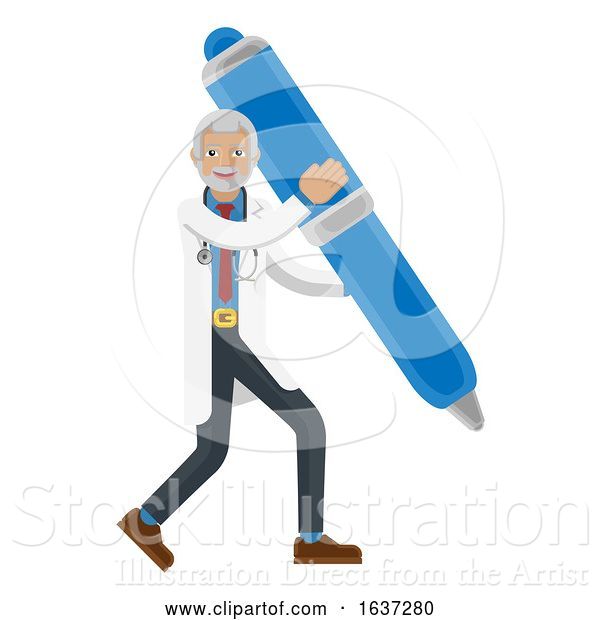 Vector Illustration of Mature Doctor Guy Mascot Holding Pen Concept