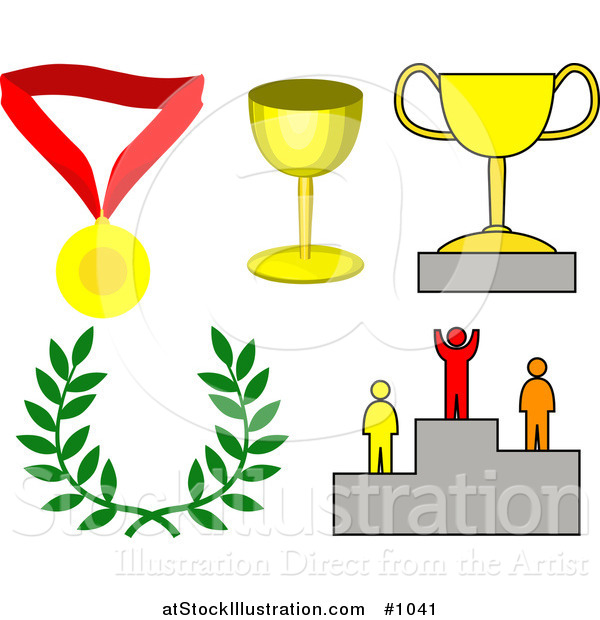 Vector Illustration of Medal, Trophy Cups, Laurel and Winner on a Podium