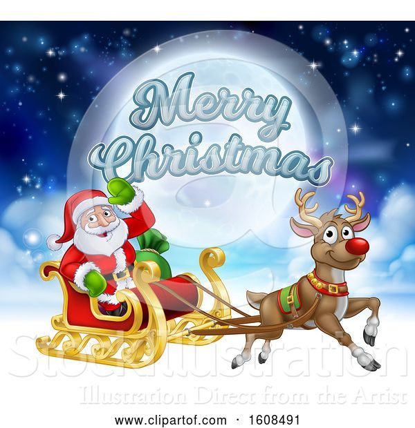 Vector Illustration of Merry Christmas Greeting with Santa Claus in a Flying Magic Sleigh with a Red Nosed Reindeer Against the Moon