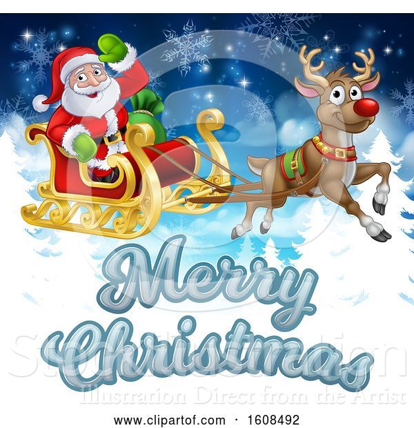 Vector Illustration of Merry Christmas Greeting with Santa Claus in a Flying Magic Sleigh with a Red Nosed Reindeer over Evergreens and Snowflakes