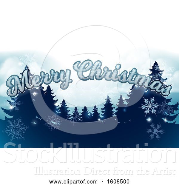 Vector Illustration of Merry Christmas Greeting with Silhouetted Evergreen Trees Under a Winter Sky