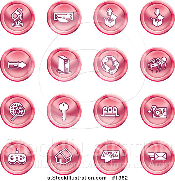 Vector Illustration of Microphone, Disc, Upload, Download, Credit Card, Computer, Telephone, Spider, Searching, Key, Faq, Record Player, Controller, Home, Typing and Email