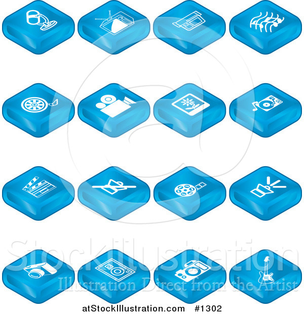 Vector Illustration of Microphone, Tv, Video Camera, Music Notes, Film Reel, Movie Camera, Polaroid, Record Player, Clapperboard, Sound Off, Sound On, Camera, Speaker, and Guitar