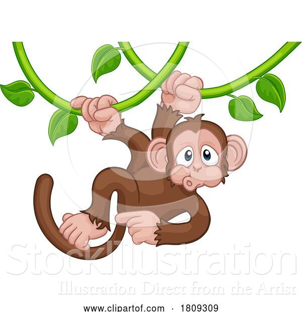 Vector Illustration of Monkey Singing on Jungle Vines Pointing