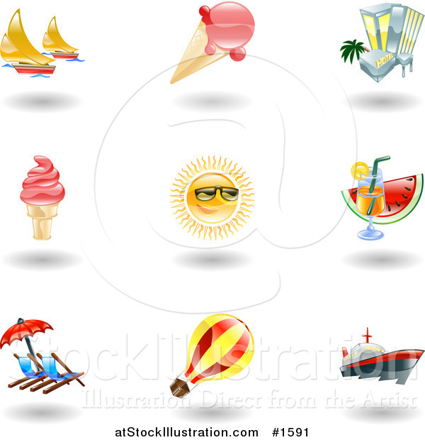 Vector Illustration of Nine Shiny Summer Travel Icons