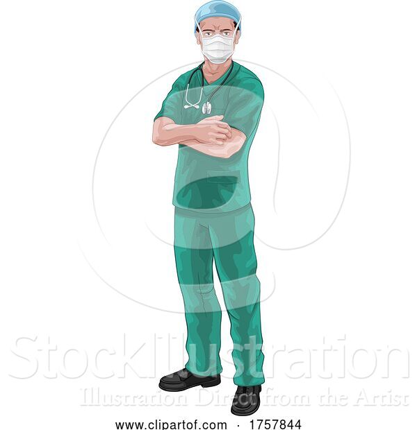 Vector Illustration of Nurse or Doctor in Scrubs and Surgical Mask PPE