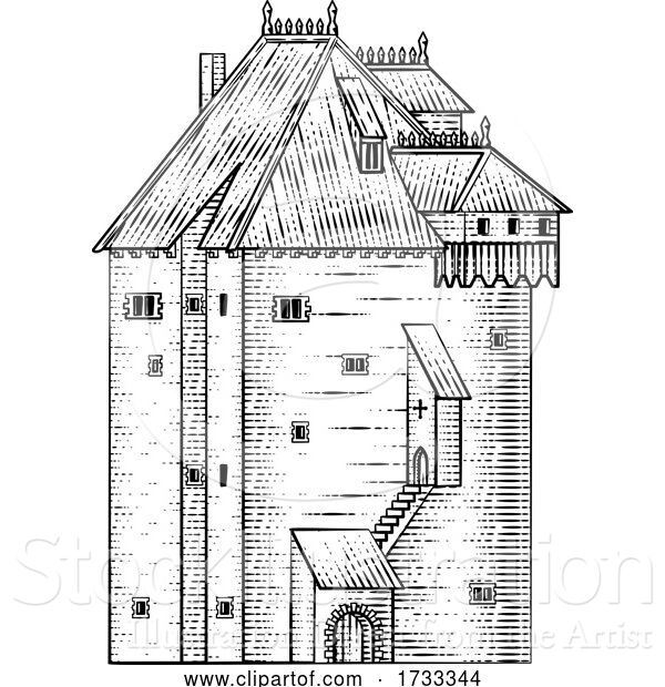 Vector Illustration of Old Medieval Castle Building Vintage Woodcut Style