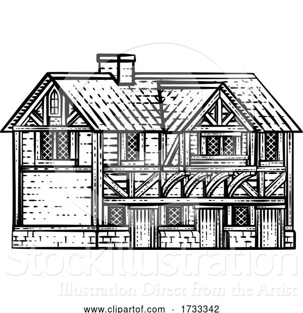 Vector Illustration of Old Medieval House Inn Building Vintage Woodcut