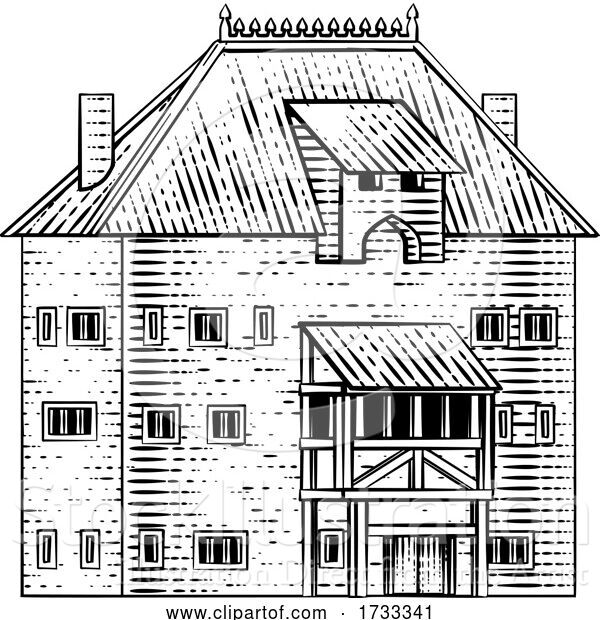 Vector Illustration of Old Medieval House Inn Building Vintage Woodcut