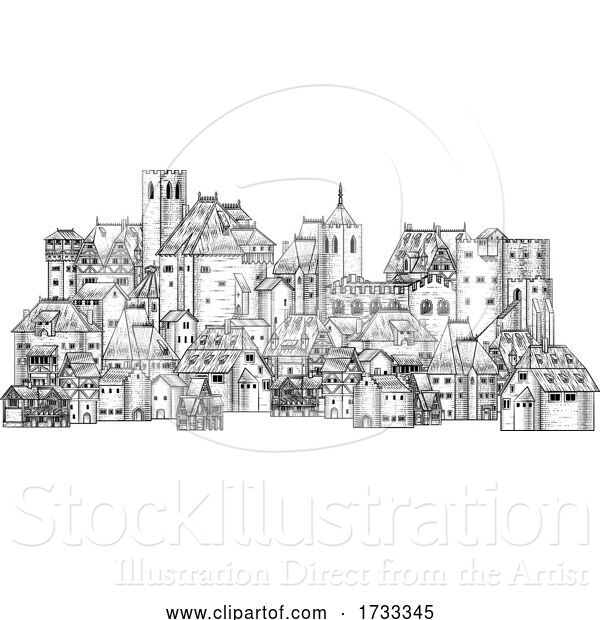 Vector Illustration of Old Medieval Town City Village Vintage Woodcut