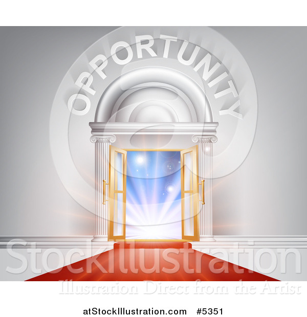 Vector Illustration of OPPORTUNITY over Open Doors with Light and a Red Carpet