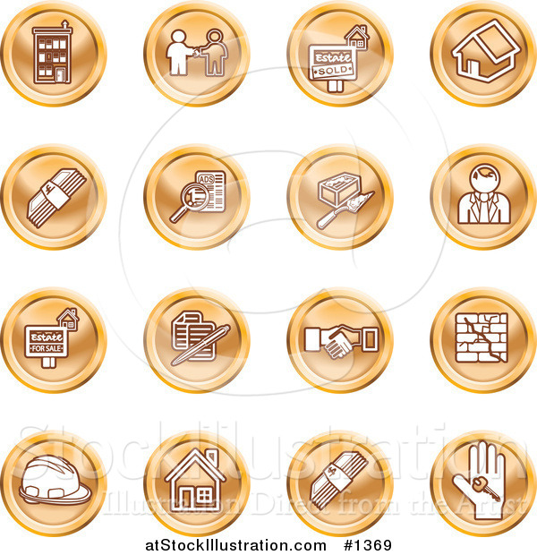 Vector Illustration of Orange Icons: Apartments, Handshake, Real Estate, House, Money, Classifieds, Brick Laying, Businessman, Hardhat and a Key