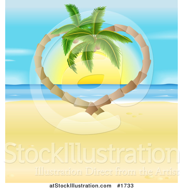 Vector Illustration of Palm Tress Curving into a Heart Around a Tropical Ocean Sunset