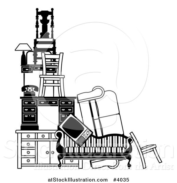 Vector Illustration of Pile of Black and White Furniture and Items