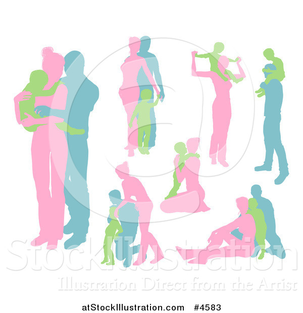 Vector Illustration of Pink Blue and Green Family Silhouettes