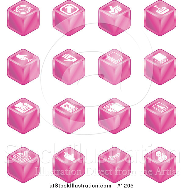 Vector Illustration of Pink Cube Icons: Arrows, Joystick, Button, Printer, Information, Compose, Reminder, Calculator and Cubes