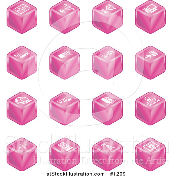 Vector Illustration of Pink Cube Icons: Charts, Connections, Computers, Wireless, Cables, and Communications
