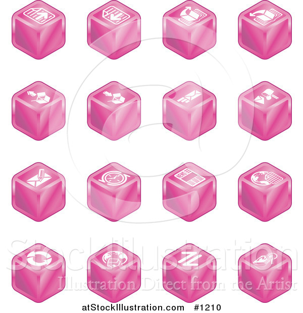 Vector Illustration of Pink Cube Icons: Page Forward, Page Back, Upload, Download, Email, Snail Mail, Envelope, Refresh, News, Www, Home Page, and Information