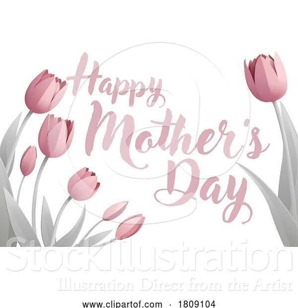Vector Illustration of Pink Tulip Flowers and Happy Mothers Day Text