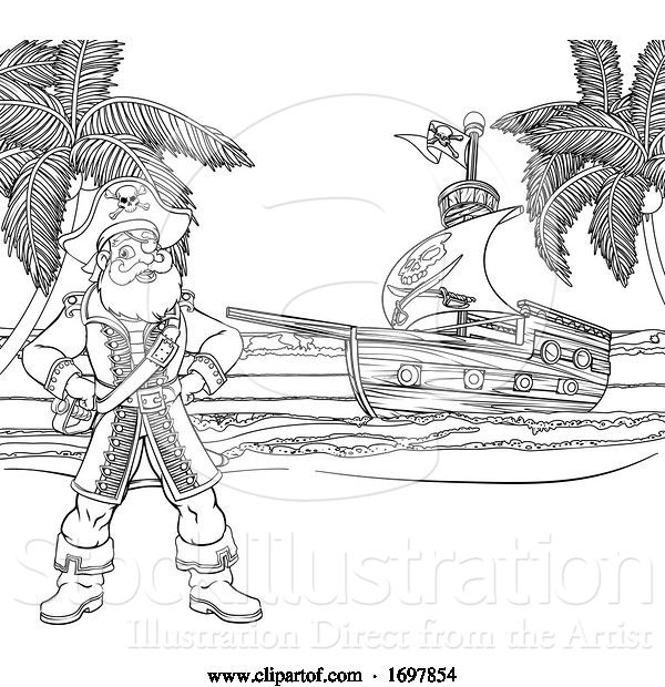 Vector Illustration of Pirate Captain Ship Coloring Background